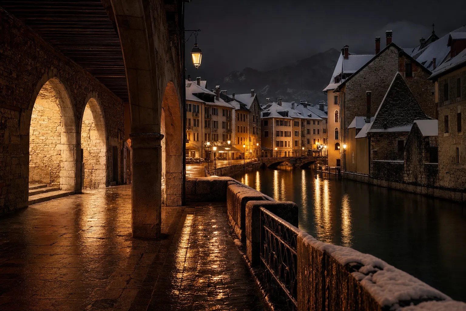 Ruelles et canaux de la vieille ville d'Annecy en soirée