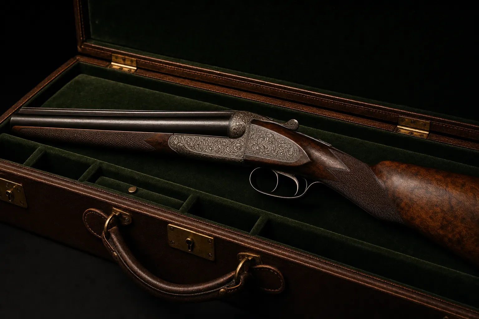 Fusil ancien rangé dans sa malle en bois, garnitures en laiton